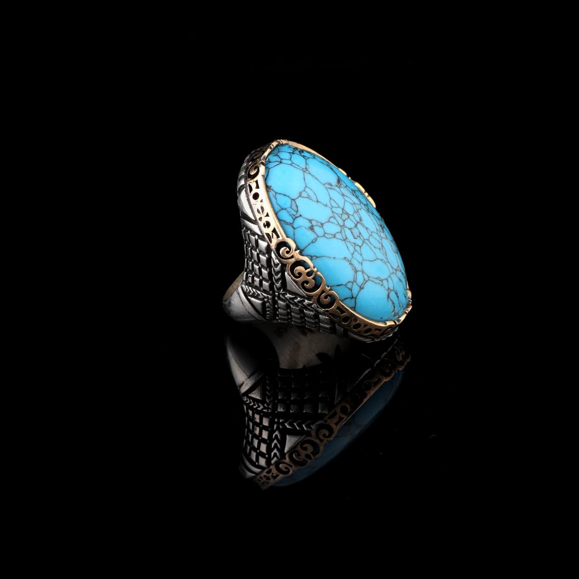 Handmade Ottoman-Style Herringbone Turquoise Ring for Men – Chunky Sterling Silver Engagement Ring with Vintage Gemstone