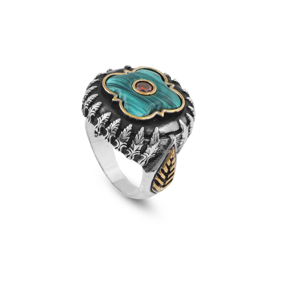 Handmade Malachite and Ruby Knife Ring with Micro Stone Jewelery- Vintage 925 Sterling Silver Rings for Men - Includes Silver Polishing Cloth Gift