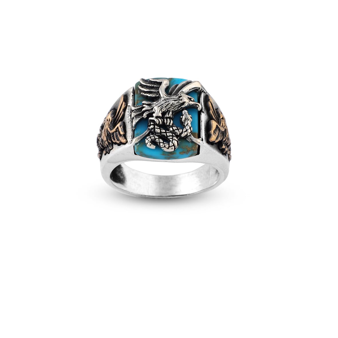 Handmade Snake Ring with Eagle Model - Men's Turquoise Signet Pinky Ring in Sterling Silver - Custom Engraving Vintage Engagement Ring - Gift Silver Polishing Cloth Included