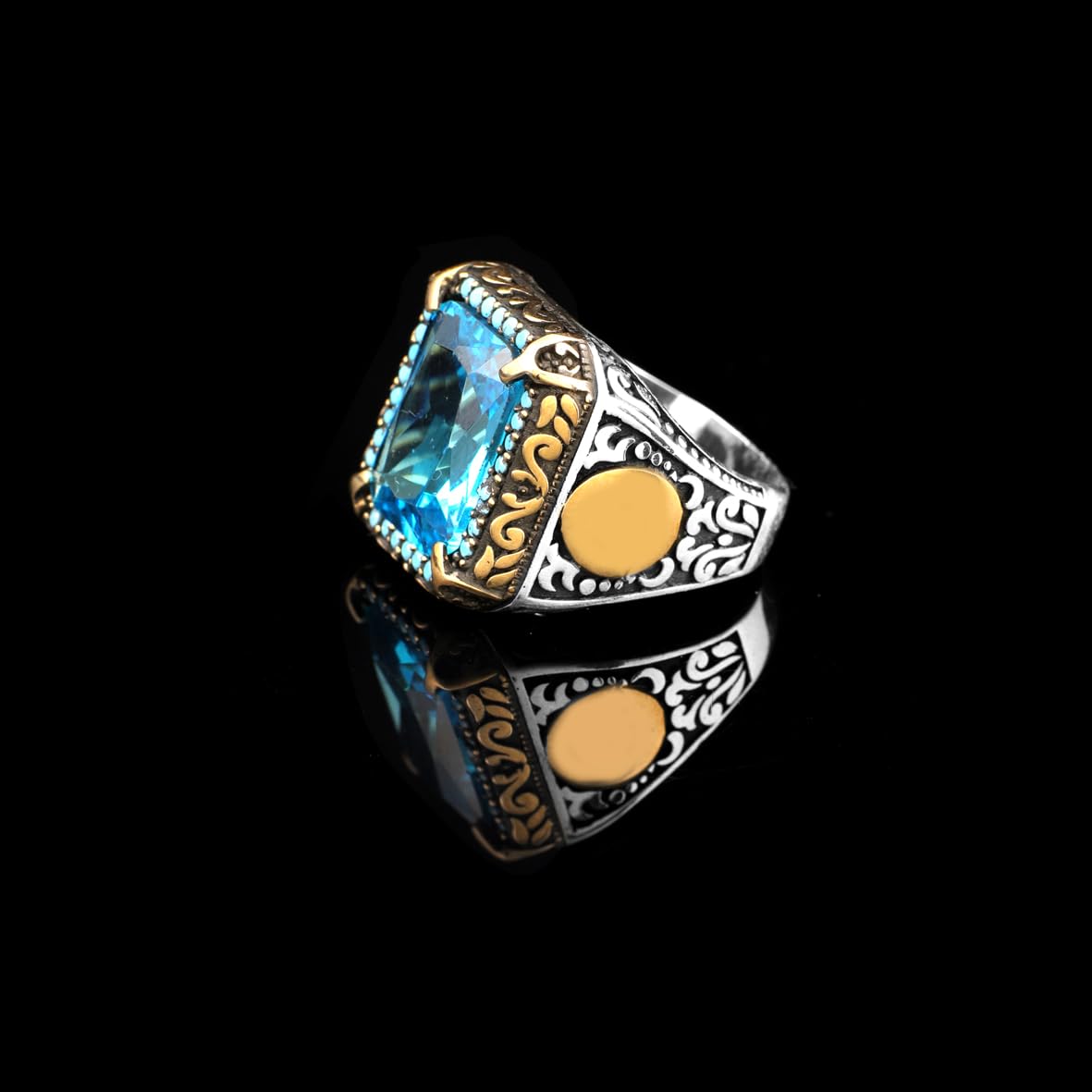 Mens Aquamarine Ottoman Ring – Handmade Sterling Silver Vintage Gemstone Engagement Ring with Custom Engraving and Gift Silver Polishing Cloth