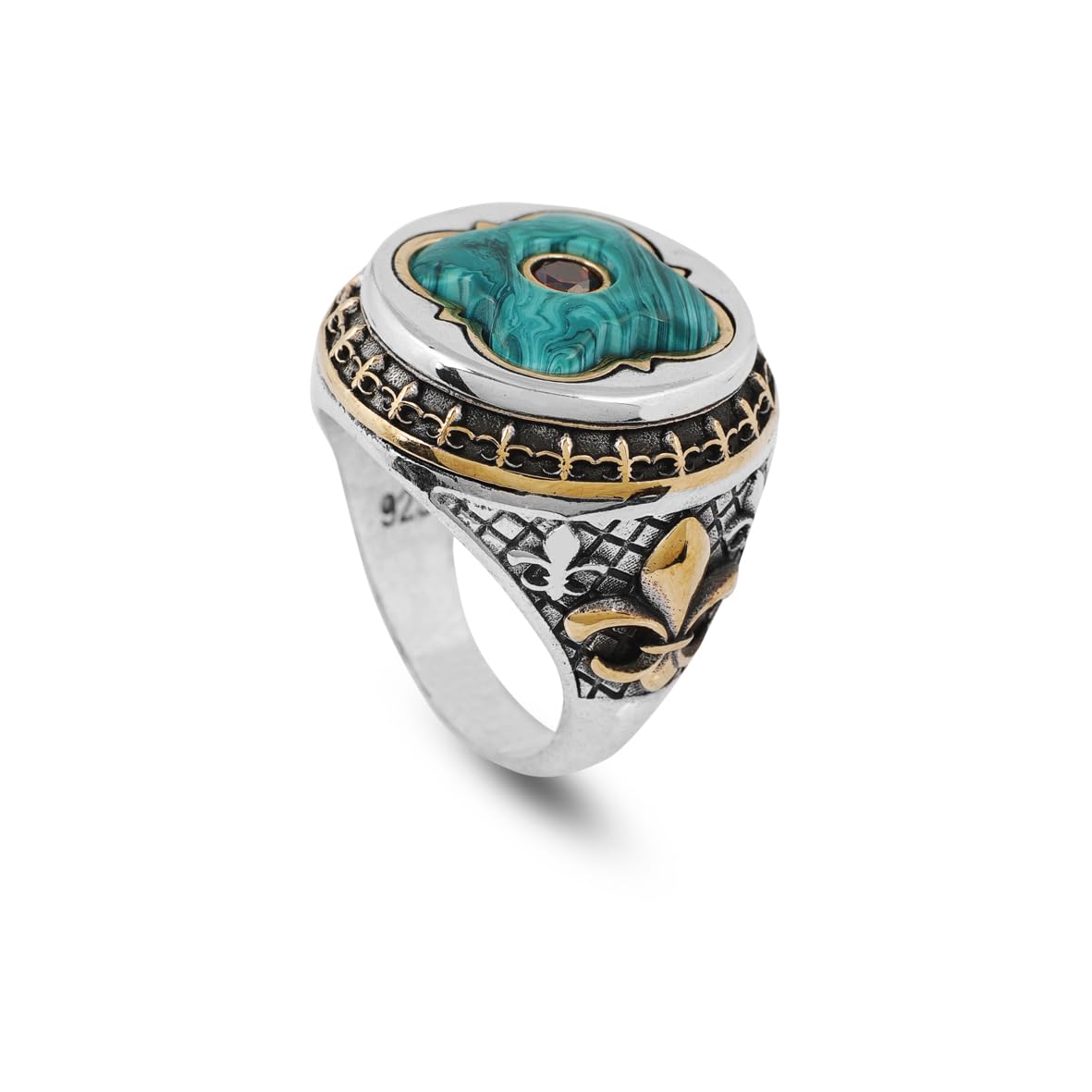 Vintage Malachite Ring with Micro Ruby Stone - Handmade 925 Sterling Silver Mens Ring with Gemstone - Includes Silver Polishing Cloth Gift
