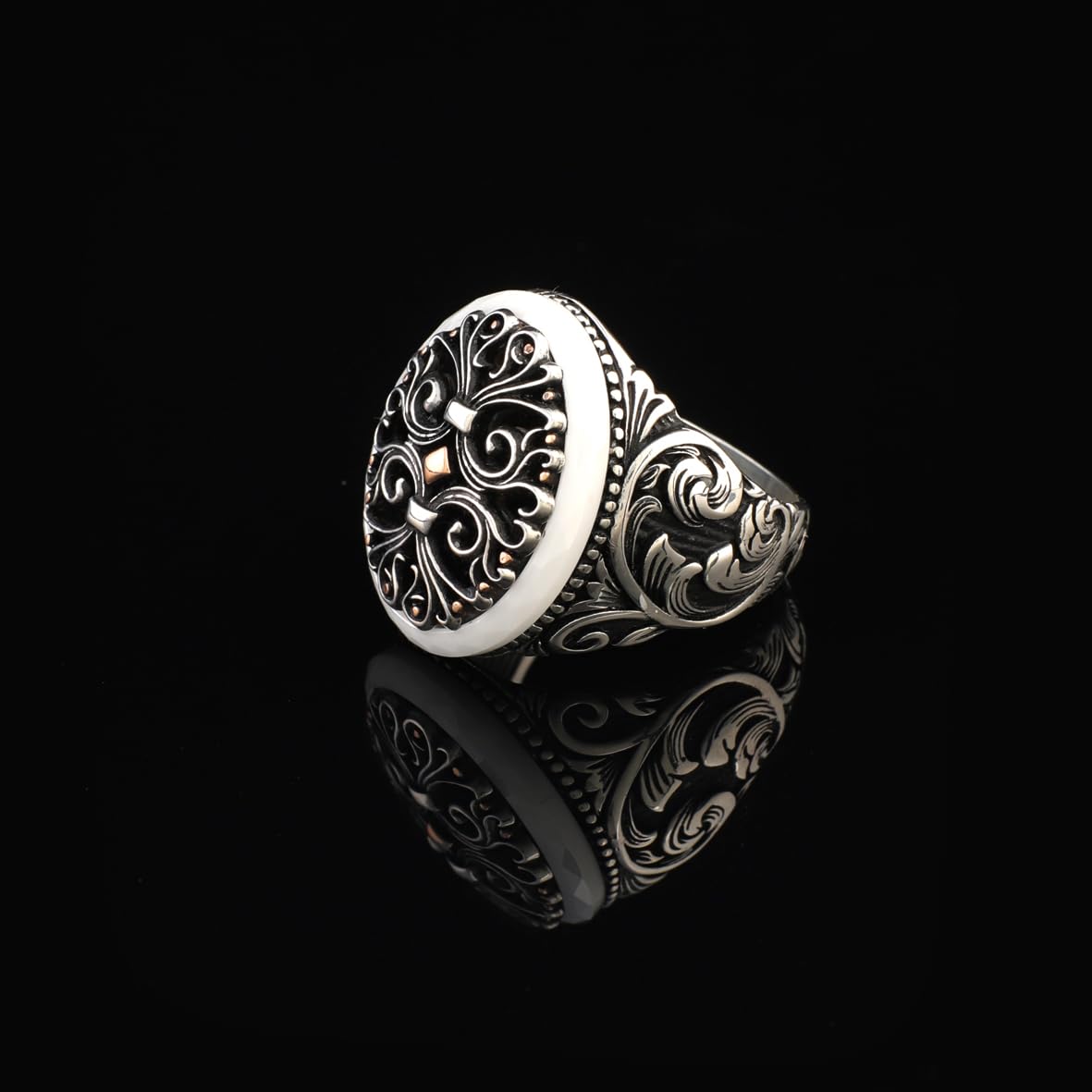 Handmade Mother of Pearl Pinky Ring - Vintage Ottoman Style Sterling Silver Engagement Ring for Men with Custom Engraving & Gift Silver Polishing Cloth