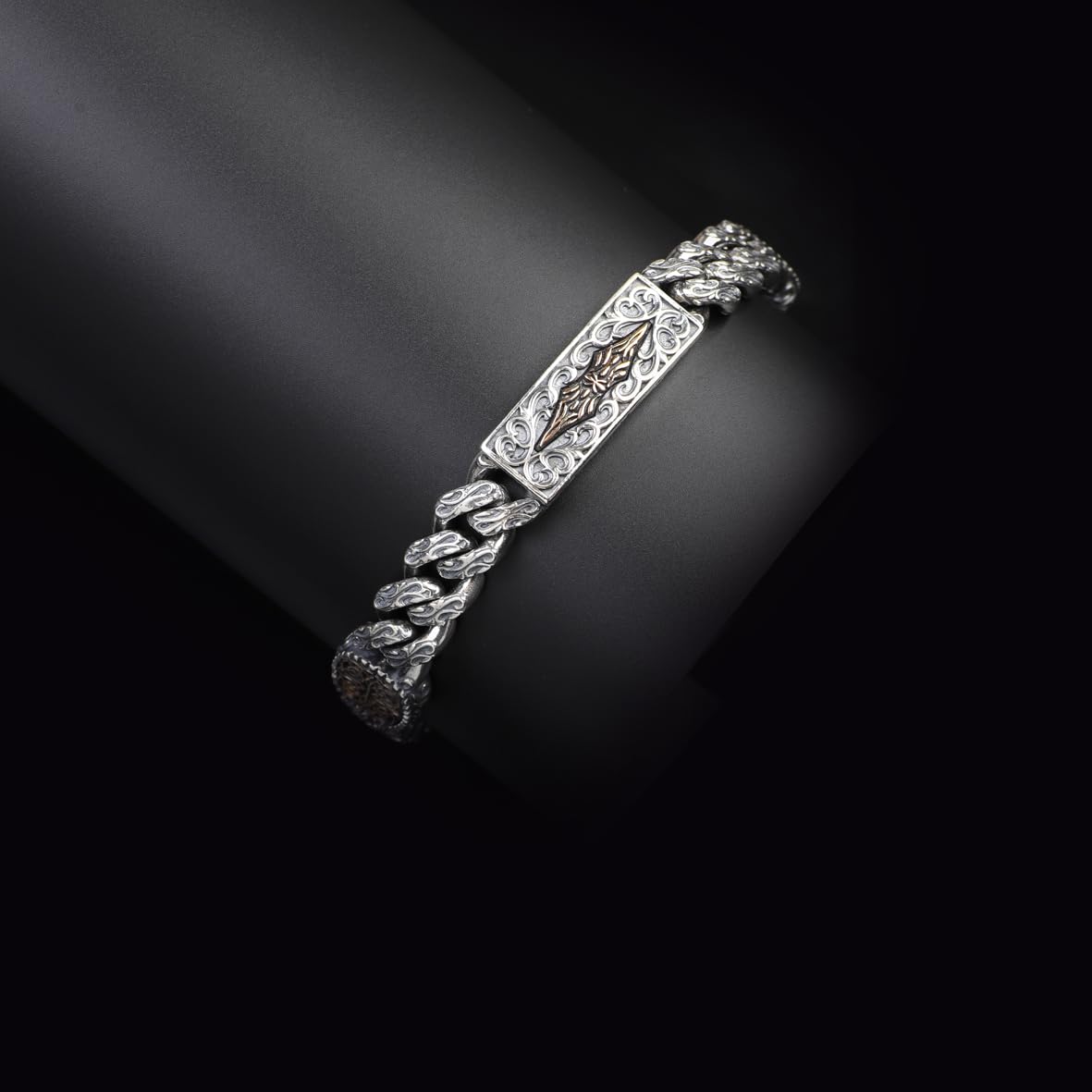 Handmade Gothic Vintage Pattern Mens Bracelet - Made to Order 925 Sterling Silver Personalized Chain Bracelet with Hand-Engraved Detail and Silver Polishing Cloth Gift