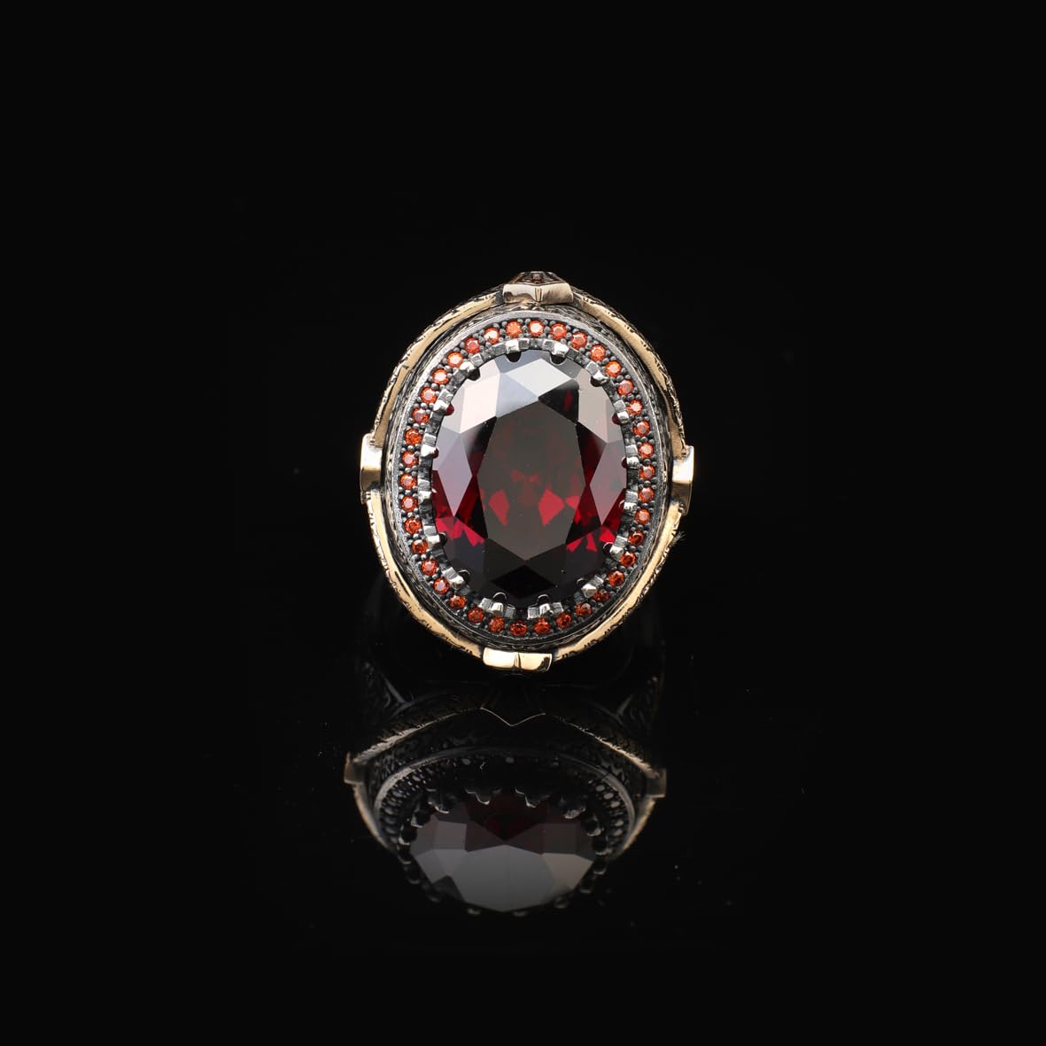 Garnet Ring for Men – Ottoman Vintage Gemstone Handmade Sterling Silver Engagement Ring with Custom Engraving – Mens Silver Rings + Gift Silver Polishing Cloth