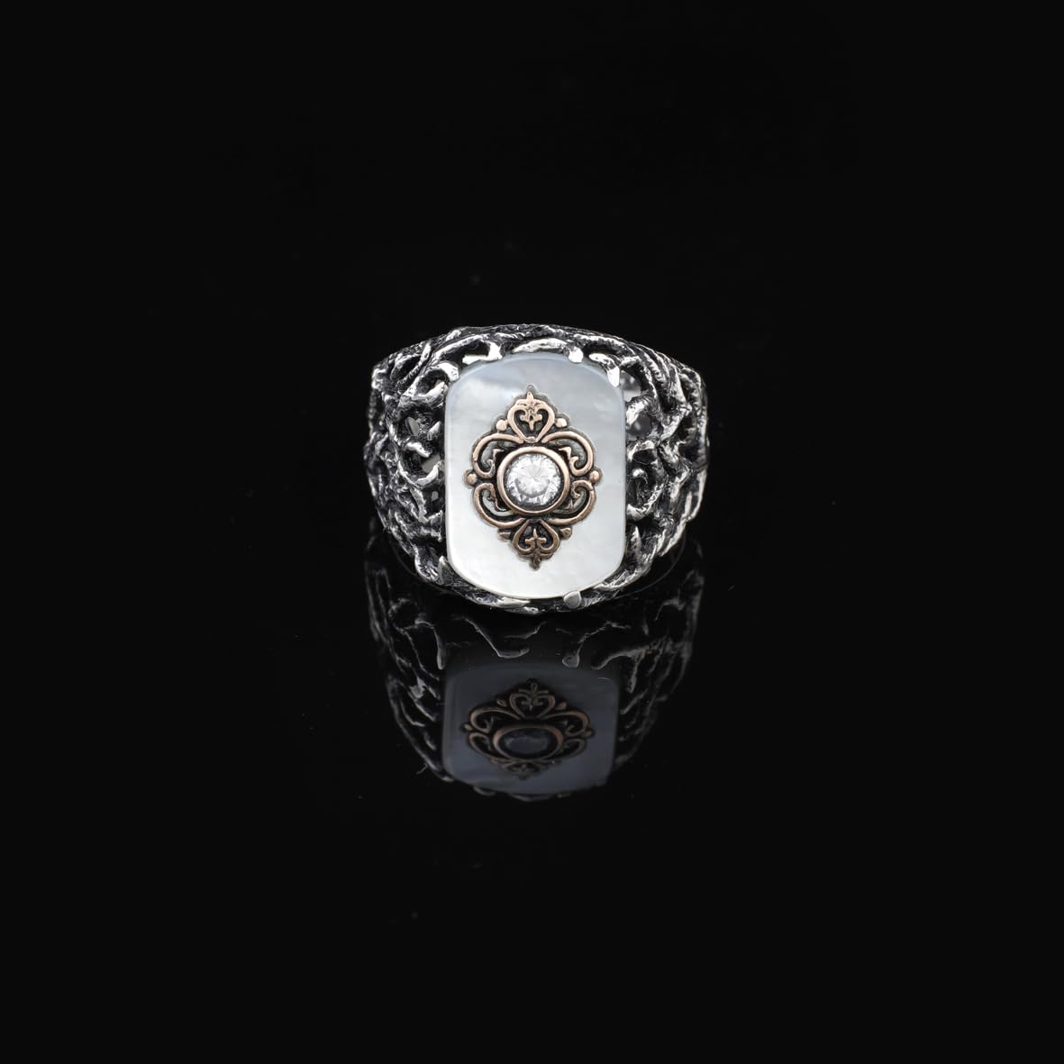 Handmade Mother of Pearl Ring in Ottoman Style - 925 Sterling Silver Men's Gemstone Jewelry