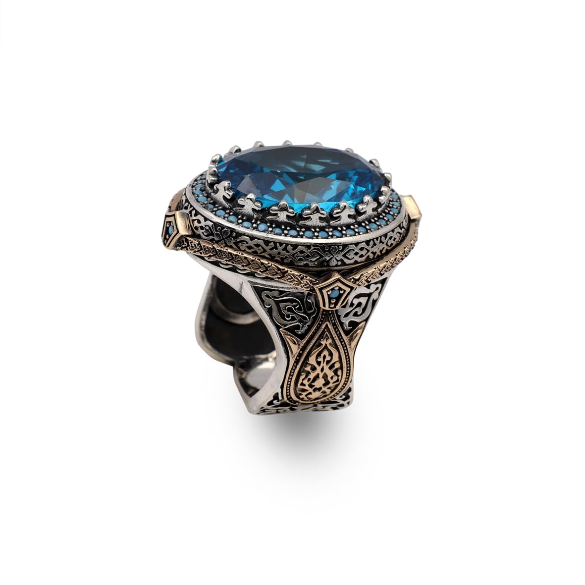 Aquamarine Ottoman Gemstone Ring for Men – 925 Sterling Silver Vintage Handmade Rings – Custom Engraving Engagement Ring with Gift Silver Polishing Cloth