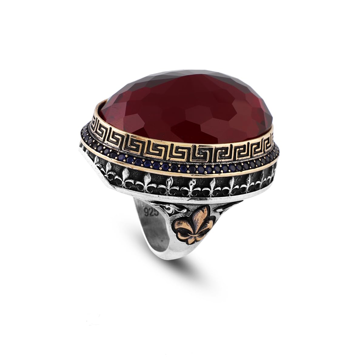 Iris Flower Model Garnet Ring - Chunky Sterling Silver Engagement Ring for Men