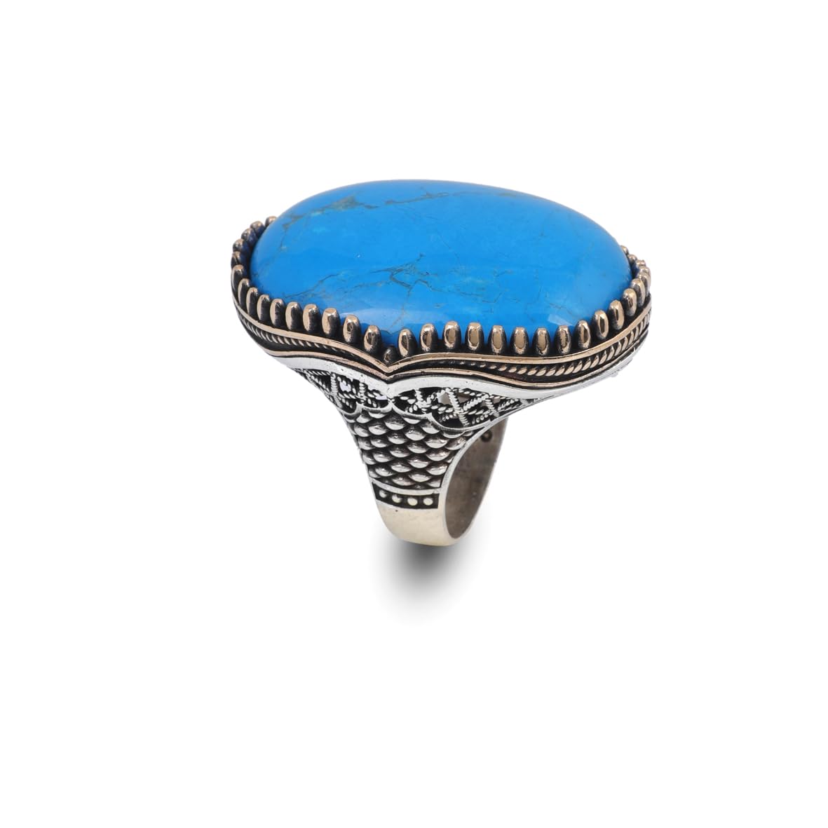 Vintage Genuine Turquoise Men's Ring - Large Oval Stone in Polished 925 Sterling Silver