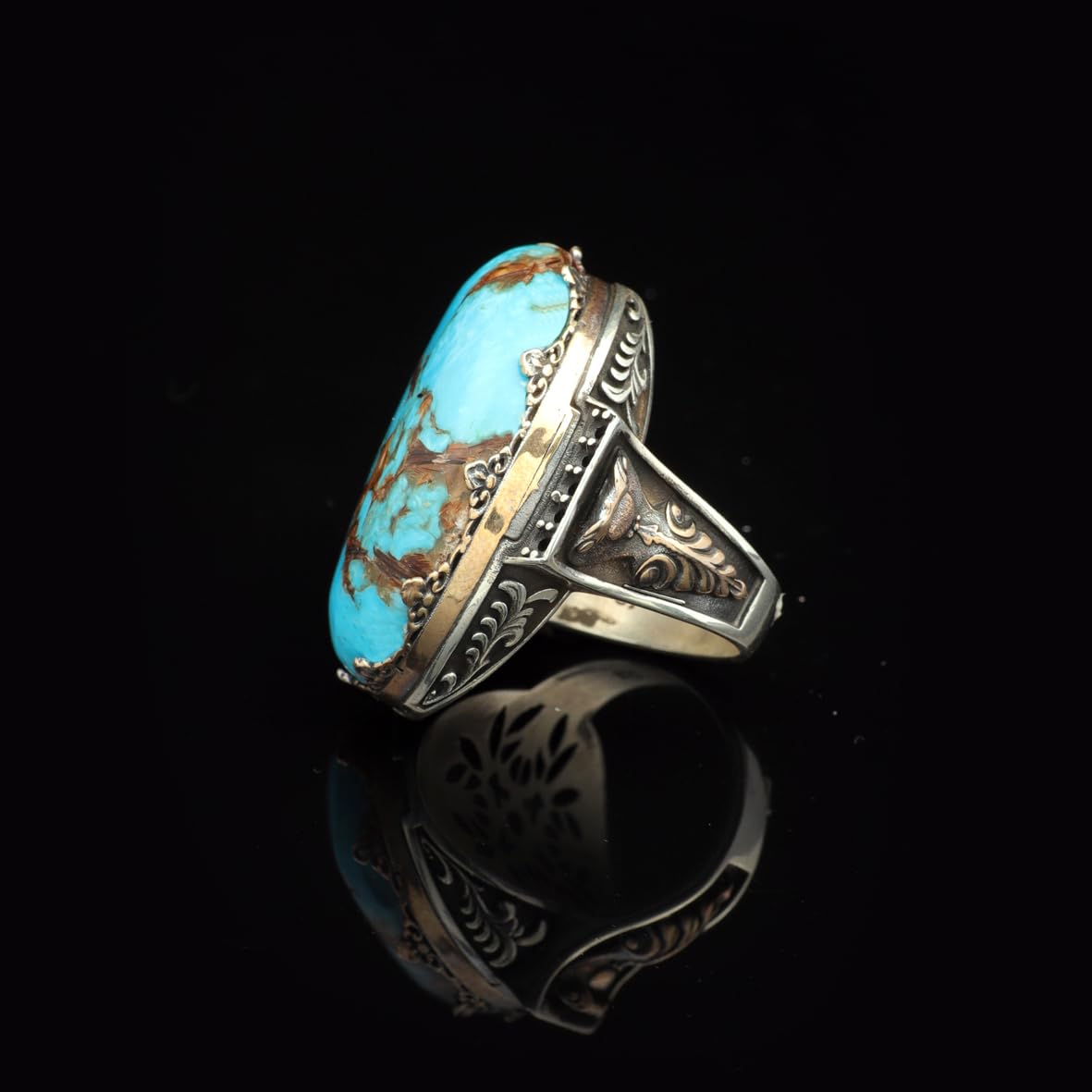Special Turquoise Men’s Ring with Large Oval Stone – Vintage 925 Sterling Silver Ring