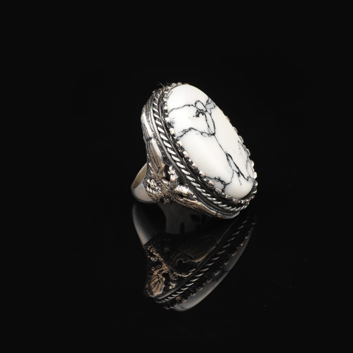 Vintage White Turquoise Eagle Ring for Men - Large Oval Stone 925 Sterling Silver Turkish Handmade Polished Engagement Ring with Silver Polishing Cloth Gift
