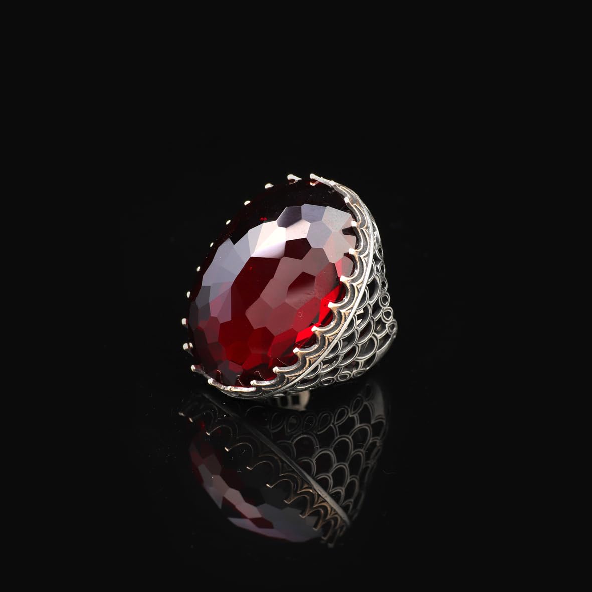 Vintage Ottoman Garnet Ring - Handmade Large Gemstone Ring for Men