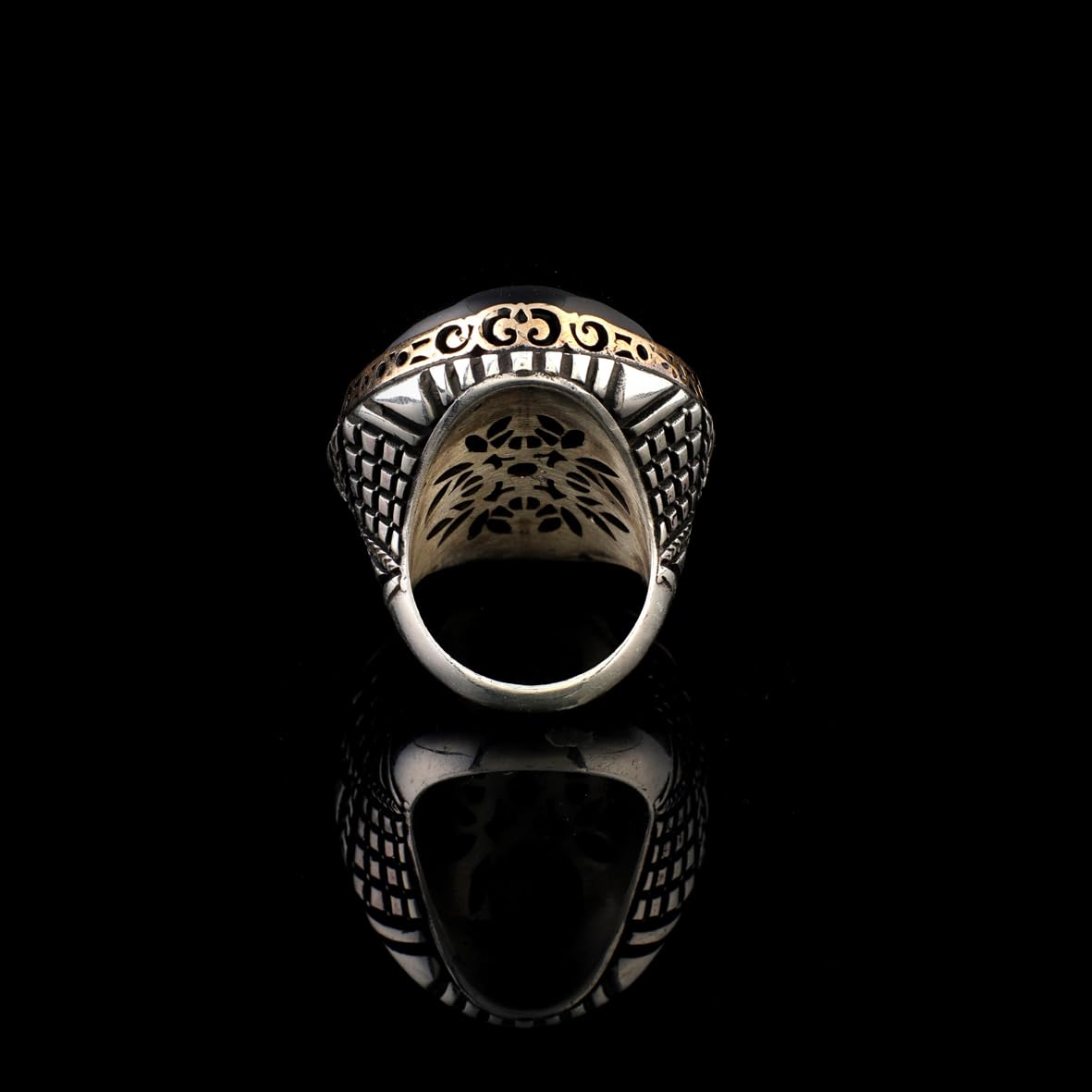 Vintage Black Onyx Chunky Sterling Silver Ring – Herringbone Design Ottoman-Style Men's Engagement Ring