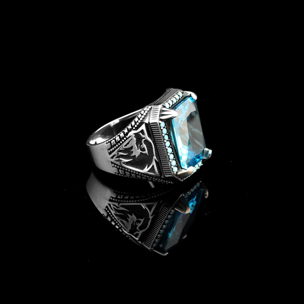 Vintage Aquamarine Eagle Signet Ring for Men – Handmade Sterling Silver Gemstone Engagement Ring with Custom Engraving & Gift Silver Polishing Cloth