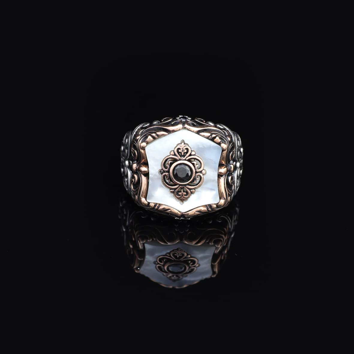 Vintage Ottoman Style Mother of Pearl and Onyx Silver Ring