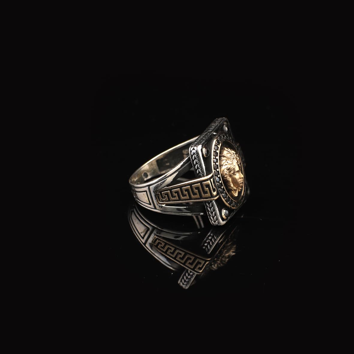 Handmade Medusa Ring for Men – Gothic Signet Ring with Micro Onyx Stone – 925 Sterling Silver Vintage Engagement Ring – Gemstone Mens Silver Ring with Custom Engraving