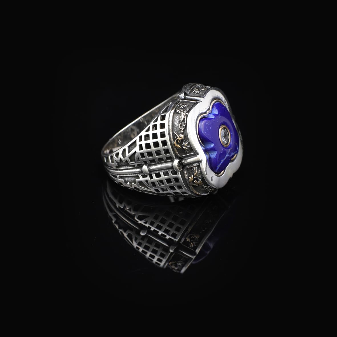 Lapis Lazuli Ring with White Sapphire Accent - Handcrafted Vintage Men's Sterling Silver Sword Gemstone Ring with Micro Stone Detail and Silver Polishing Cloth Gift