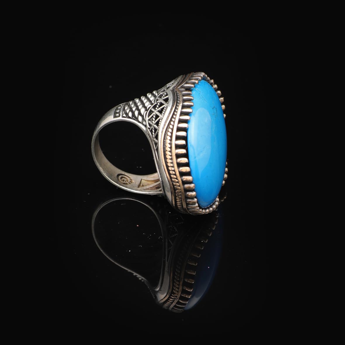 Vintage Genuine Turquoise Men's Ring - Large Oval Stone in Polished 925 Sterling Silver