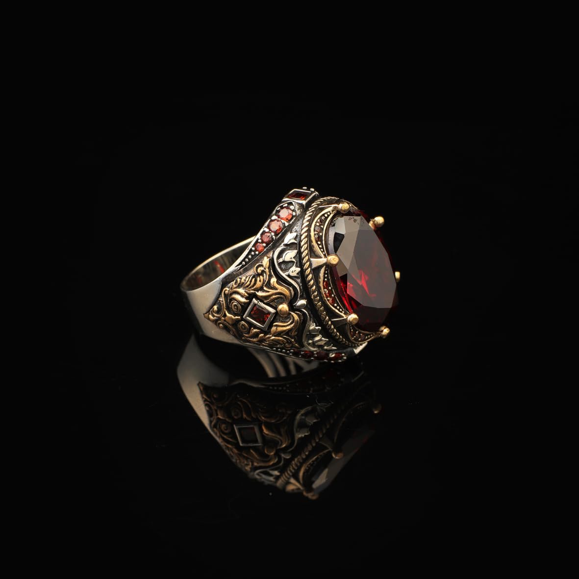 Handmade Garnet Ring Ottoman Style – Large Statement Vintage Gemstone Ring