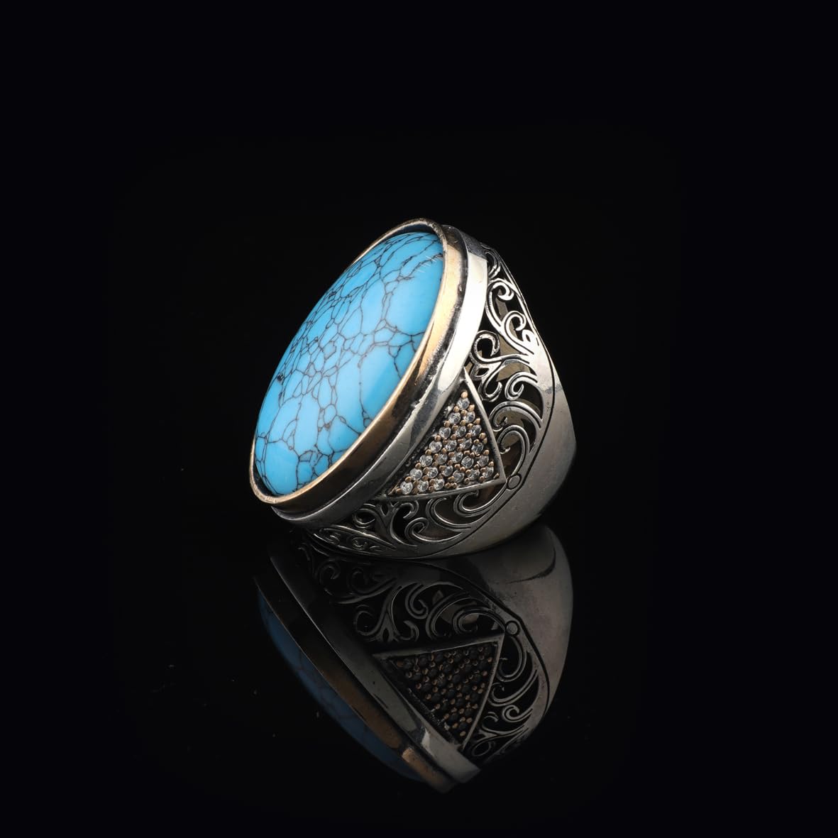 Handmade Chunky Sterling Silver Ring for Men with Turquoise and Micro Sapphire – Ottoman Style Vintage Engagement Ring