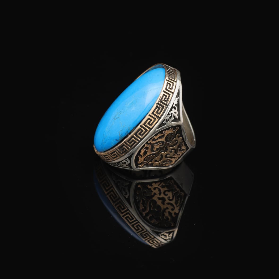 Handmade Turquoise Men’s Ring with Large Oval Stone – Vintage 925 Sterling Silver Engagement Ring