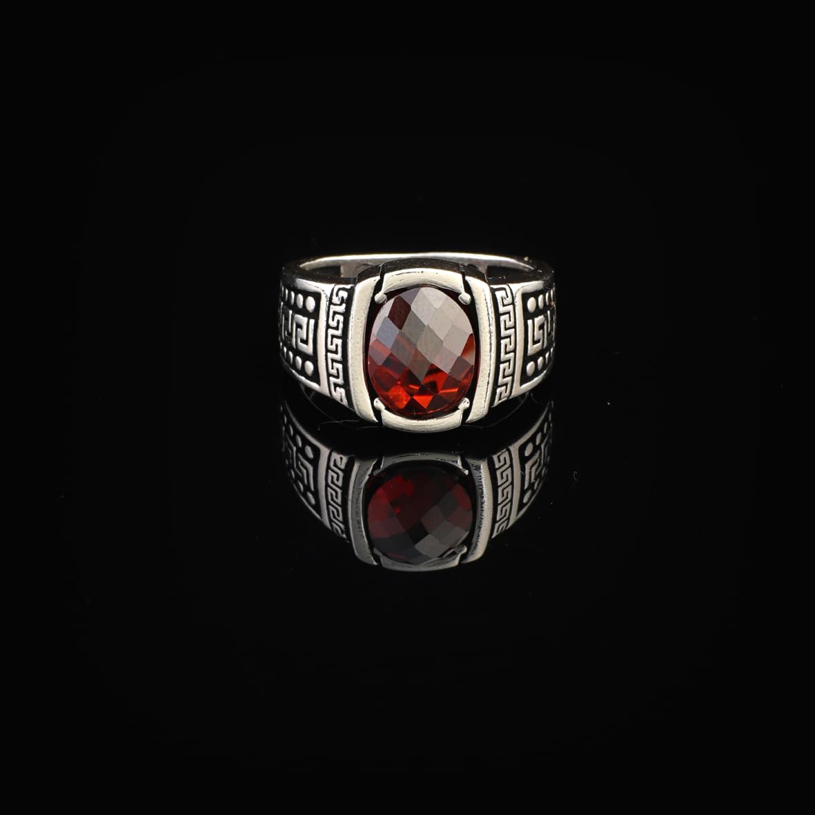Men's Garnet Pinky Ring - Handmade Sterling Silver Signet Ring in Ottoman Style - Custom Engraved Vintage Engagement Ring Gift with Silver Polishing Cloth