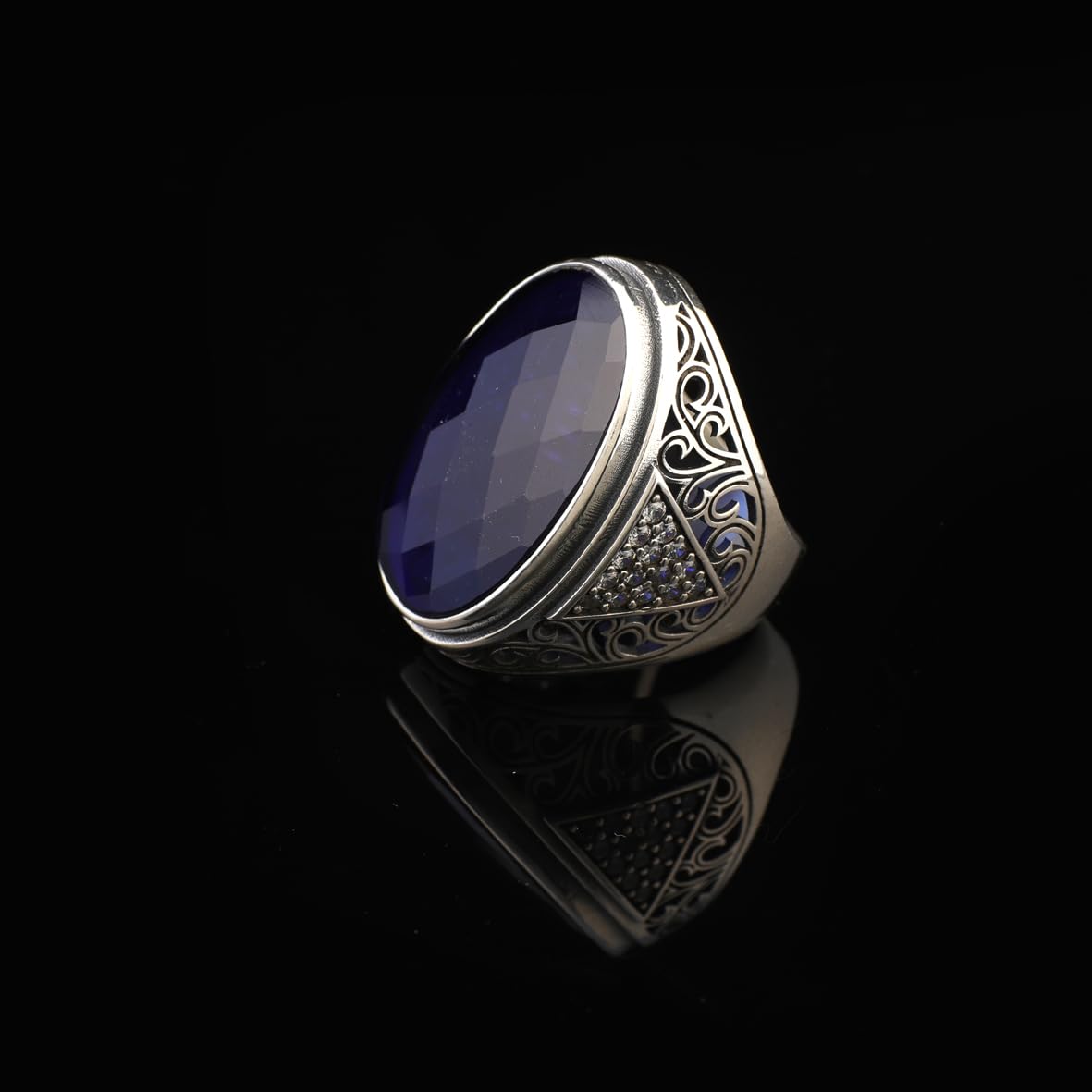Sapphire Ring for Men – Large Chunky Silver Ring with Micro Sapphire Stone