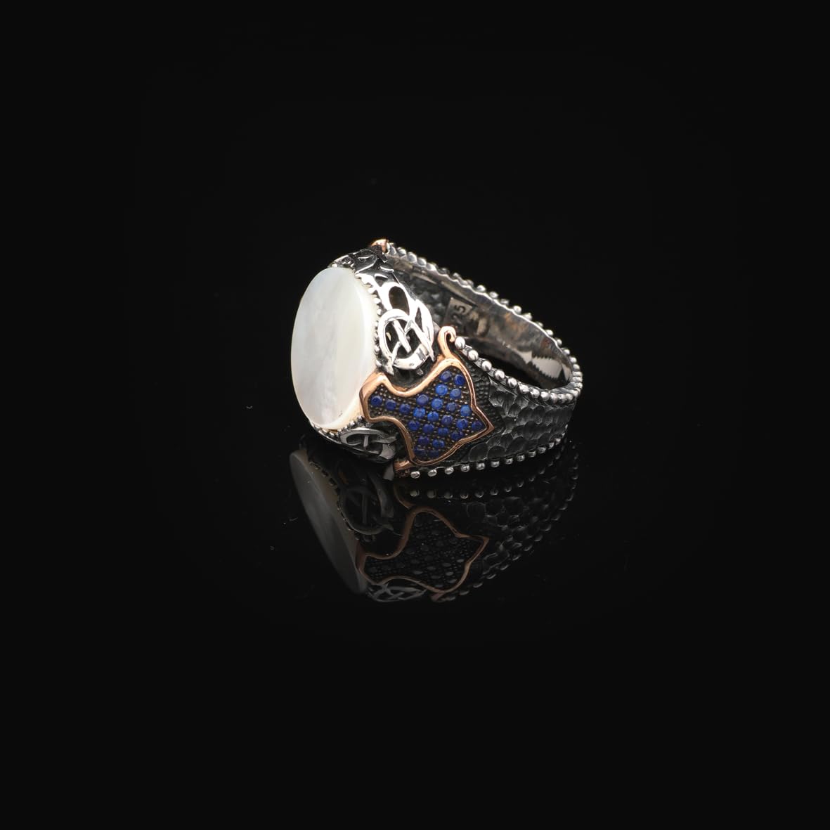 Vintage Mother of Pearl Signet Ring with Micro Sapphire Stone - 925 Sterling Silver Men's Gemstone Ring