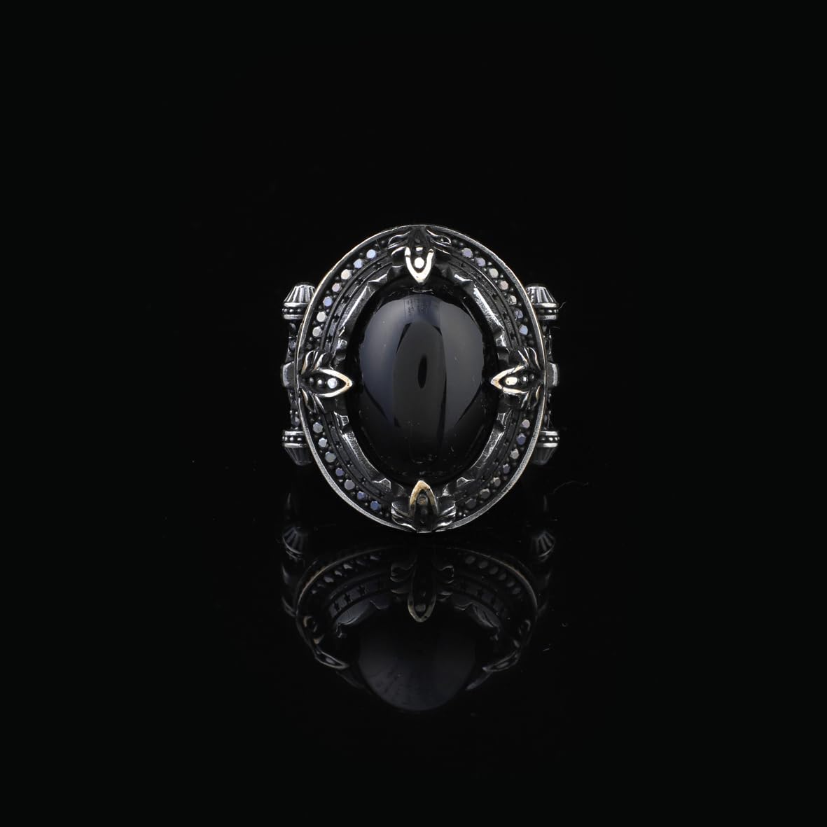 925 Sterling Silver Men's Ring - Handmade Pole Star Design with Black Onyx Gemstone Detail and Silver Polishing Cloth Gift