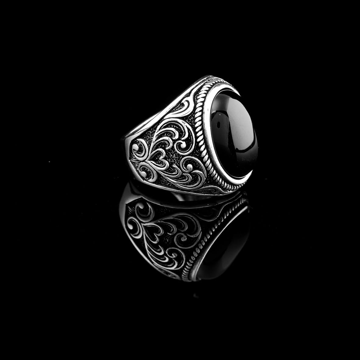 Vintage Ottoman Onyx Ring for Men with Ovale Gemstone – Handmade Sterling Silver Engagement Ring with Custom Engraving – Mens Silver Rings with Gift Silver Polishing Cloth