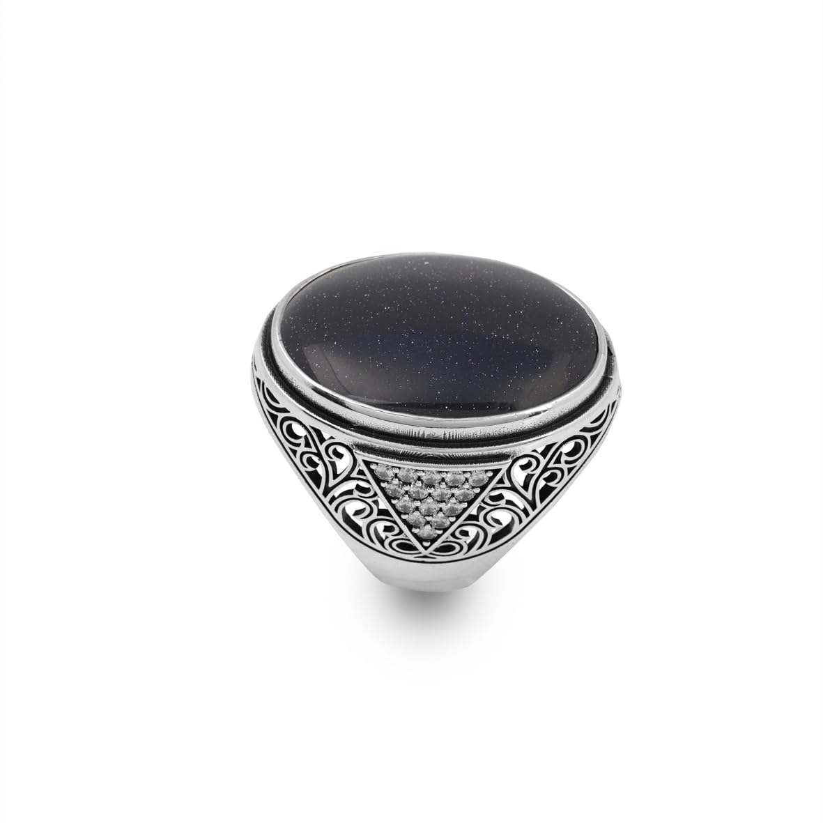 Space Onyx Stone Ring – Large Chunky Sterling Silver Ring with Micro Sapphire Stone