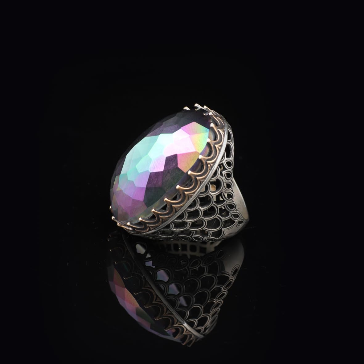 Mystic Topaz Ring - Oval Stone Large Gemstone Ring Men Vintage Ottoman Handmade 925 Sterling Silver Rings with Silver Polishing Cloth Gift