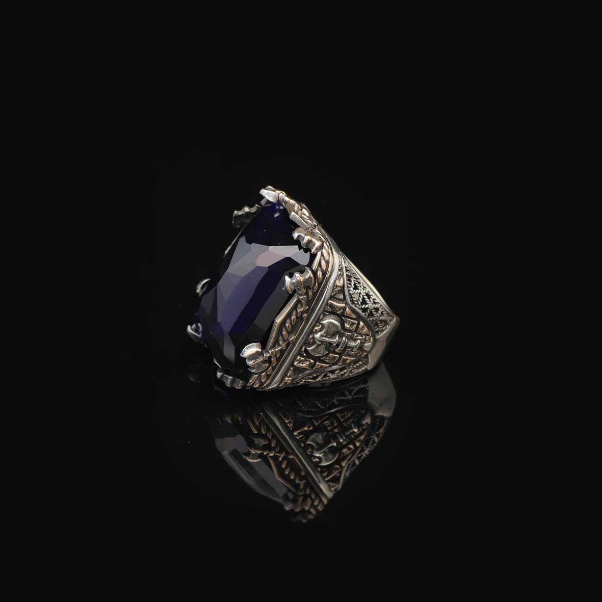 Vintage Large Blue Sapphire Ax Ring for Men - 925 Sterling Silver Turkish Handmade Polished Engagement Ring with Silver Polishing Cloth Gift