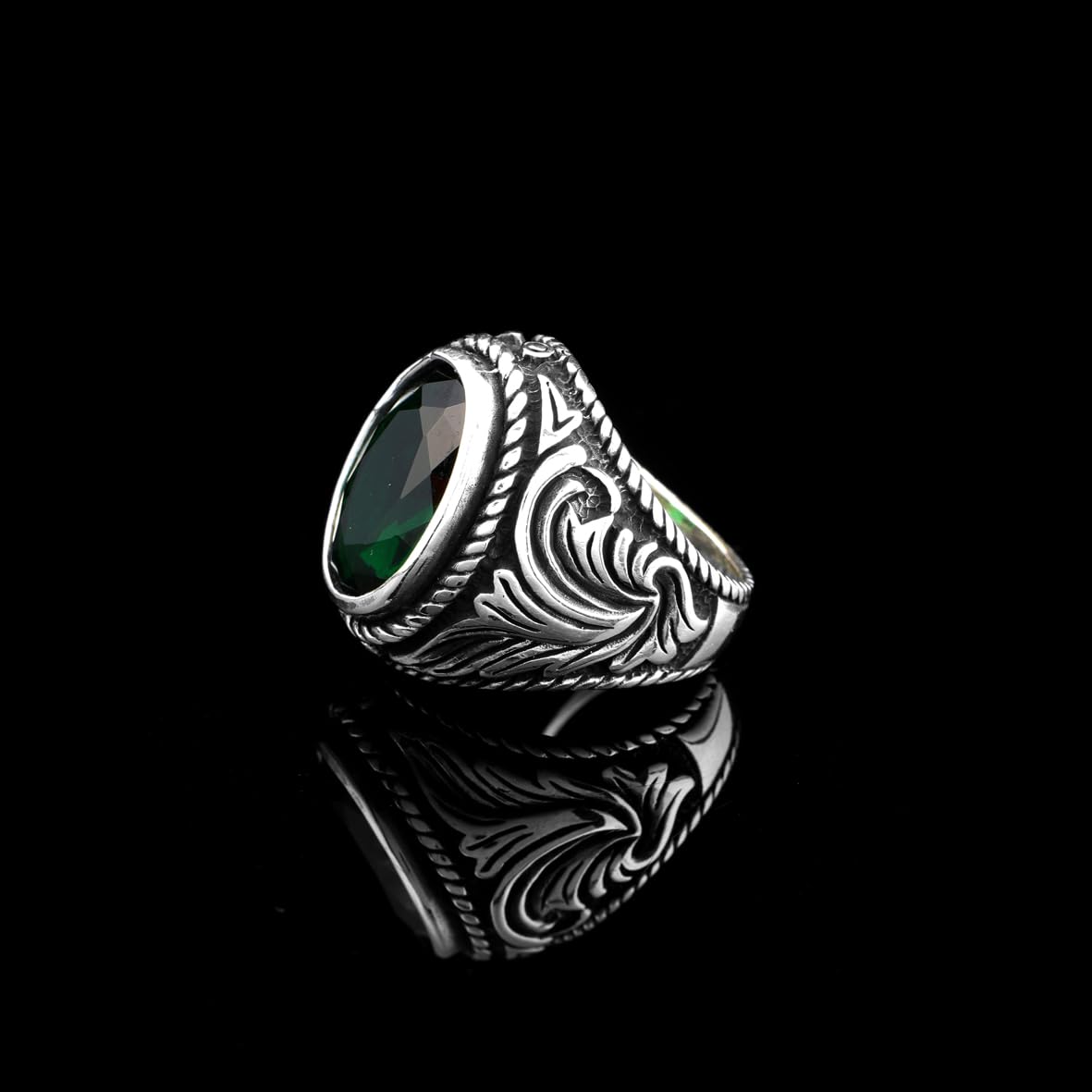Mens Emerald Ring – Oval Ottoman Style Sterling Silver Gemstone Ring