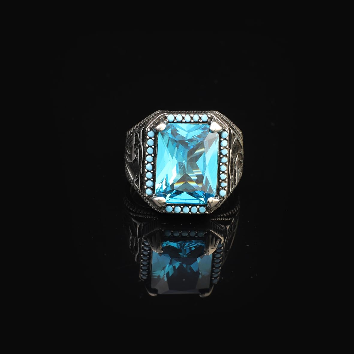 Vintage Aquamarine Eagle Signet Ring for Men – Handmade Sterling Silver Gemstone Engagement Ring with Custom Engraving & Gift Silver Polishing Cloth