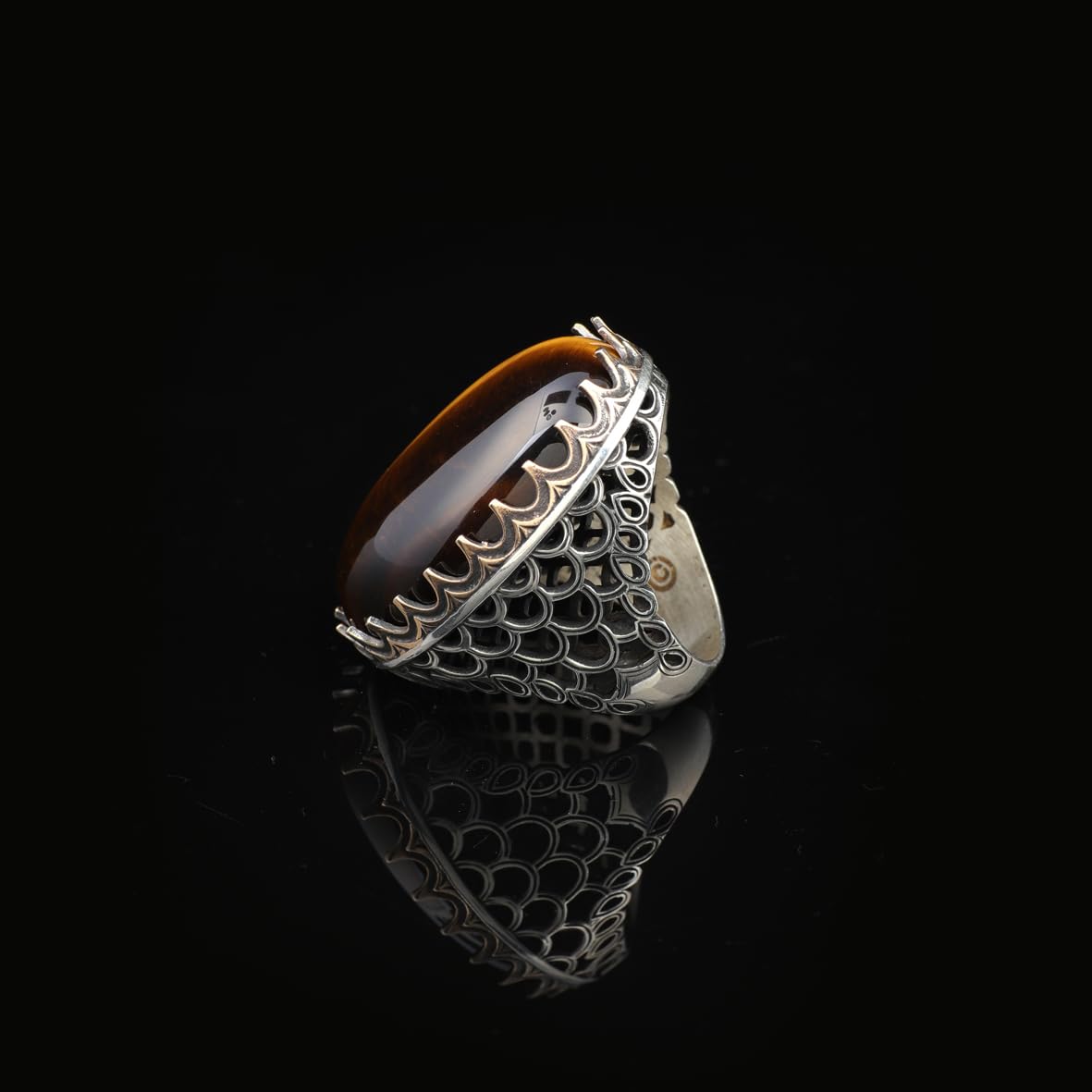 Tiger Eye Ring for Men: Large Gemstone Ottoman Style Handmade 925 Sterling Silver Ring with Silver Polishing Cloth Gift