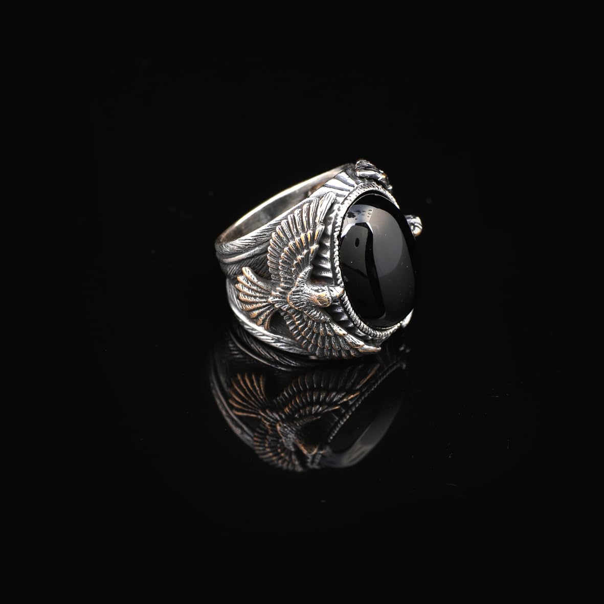Handmade Onyx Gemstone Eagle Large Ring for Men Vintage 925 Sterling Silver