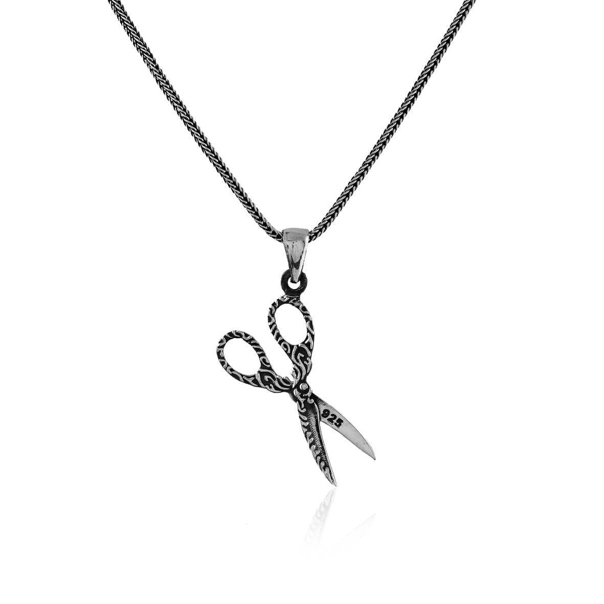 Gothic Scissor Necklace – Sterling Silver Barber Pendant – Polished Mens Necklace with Silver Chain – Unique Gift with Silver Cleaning Cloth