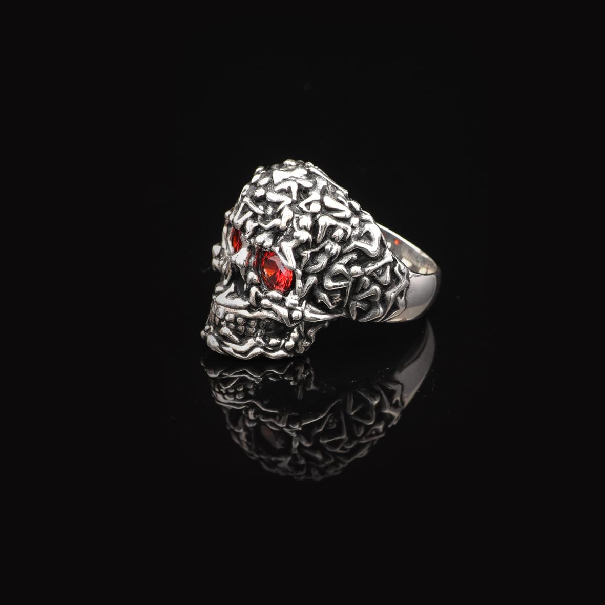 Handmade Vintage Skull Ring with Garnet Stone - Polished 925 Sterling Silver Men's Ring