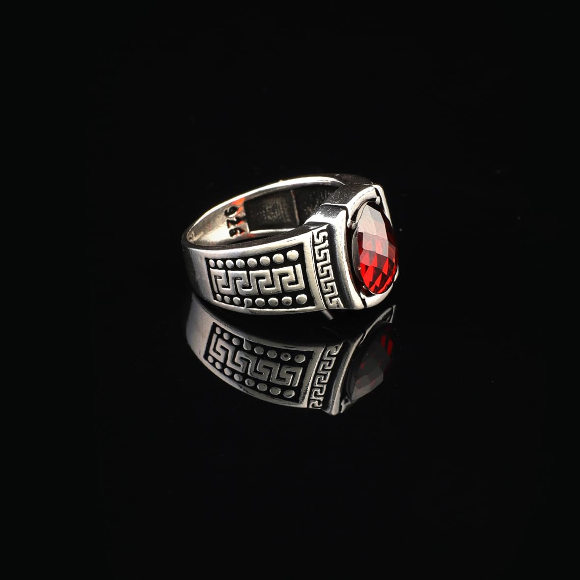 Men's Garnet Pinky Ring - Handmade Sterling Silver Signet Ring in Ottoman Style - Custom Engraved Vintage Engagement Ring Gift with Silver Polishing Cloth
