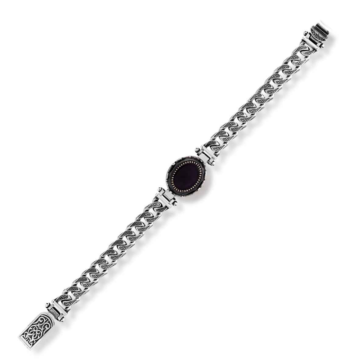 Made to Order Personalized Gothic Vintage Pattern 925 Sterling Silver Chain Bracelet for Men with Oval Onyx Gemstone - Hand-Engraved Handmade Bracelet