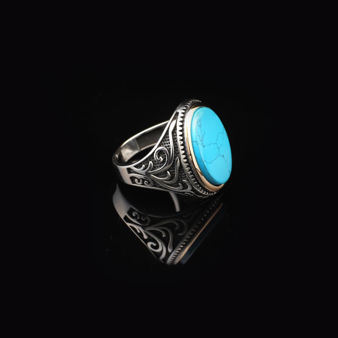 Handmade Ottoman Turquoise Signet Ring for Men – Vintage Sterling Silver Gemstone Ring