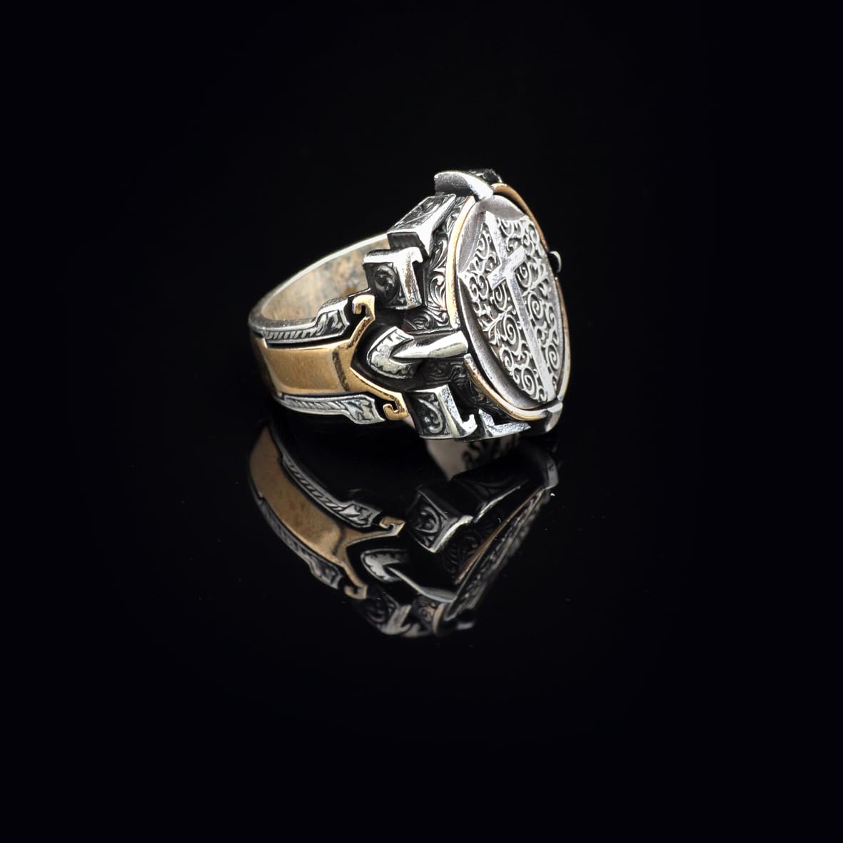 Vintage Shield Cross Signet Ring for Men - 925 Sterling Silver Christian Statement Ring - Polished Handmade Engagement Ring with Custom Engraving