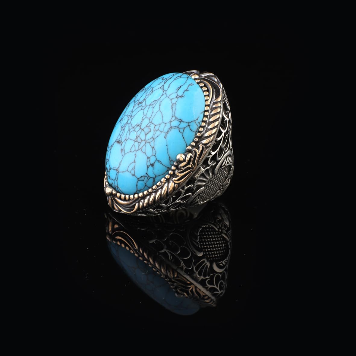 Handmade Men's Turquoise Ring – Chunky Sterling Silver Engagement Ring with Vintage Ottoman Design