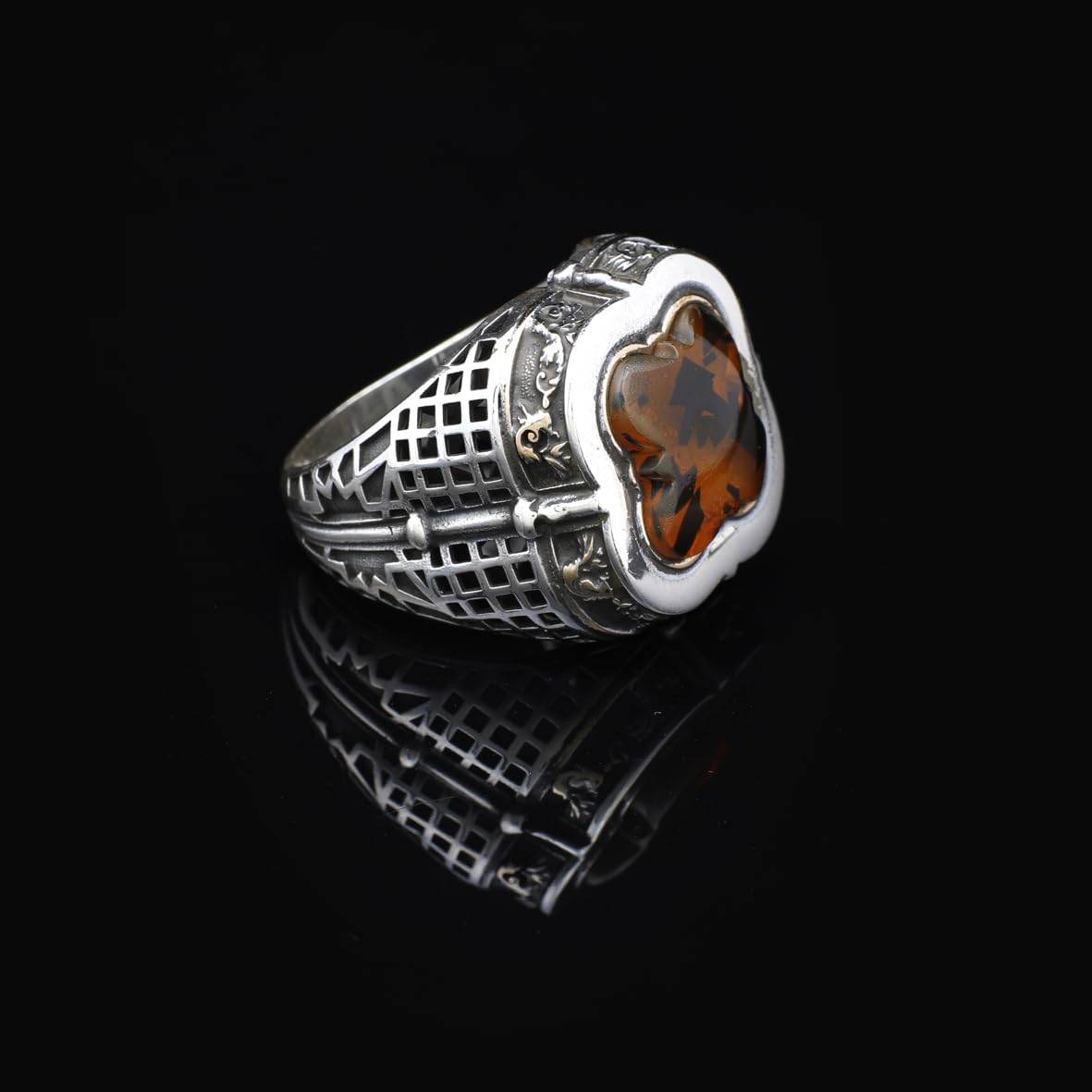Vintage Amber Ring with Sword Design
