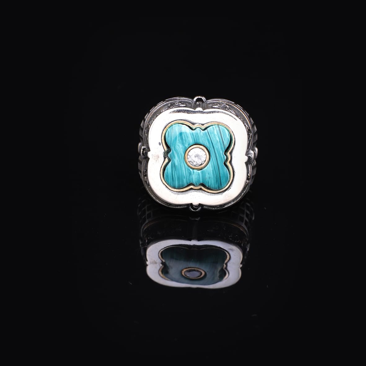 Vintage Handmade Malachite and White Sapphire Sword Ring - 925 Sterling Silver Men's Ring with Micro Stone Accent and Silver Polishing Cloth Gift