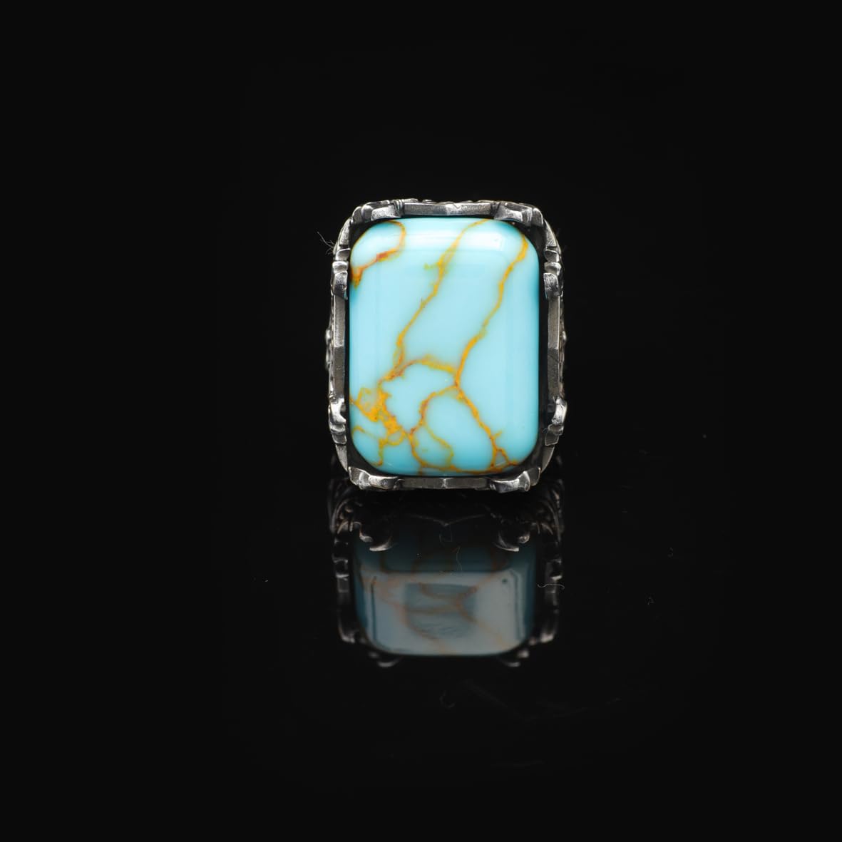 Vintage Large Turquoise Ax Ring for Men - 925 Sterling Silver Turkish Handmade Polished Engagement Ring with Silver Polishing Cloth Gift