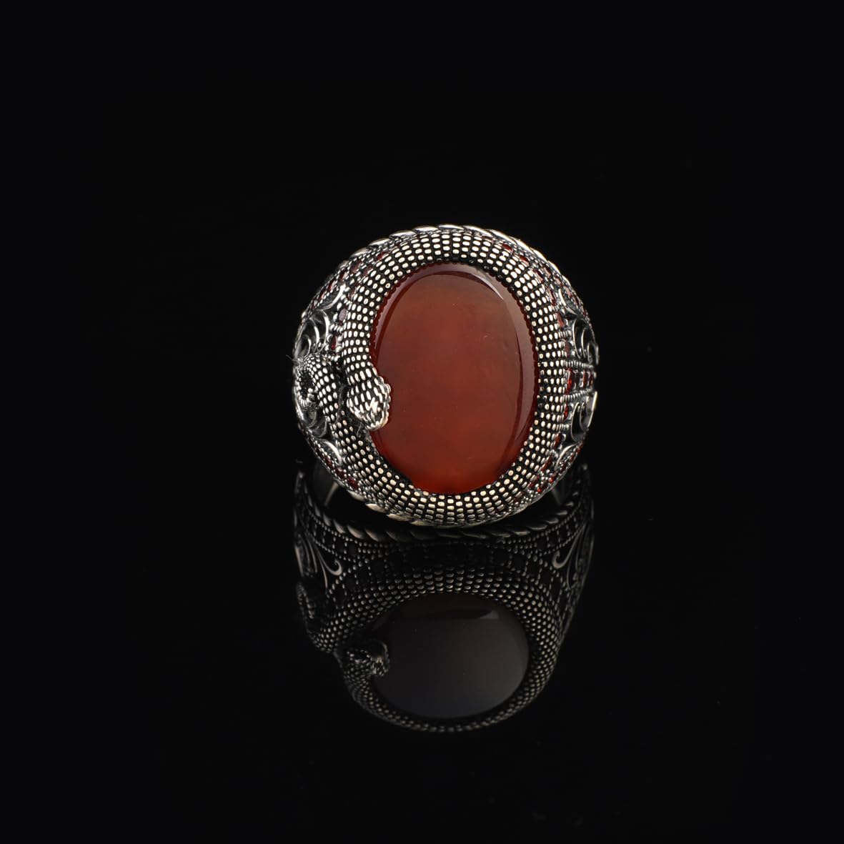 Men’s Snake Carnelian Ring - Handmade Animal Pinky Ring in Sterling Silver