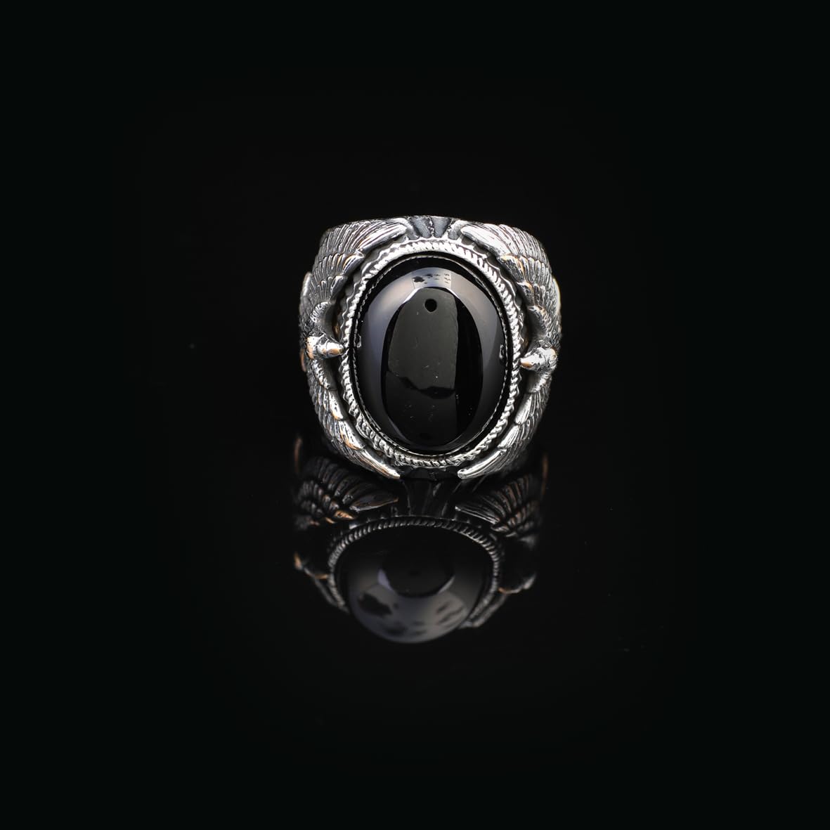 Handmade Onyx Gemstone Eagle Large Ring for Men Vintage 925 Sterling Silver