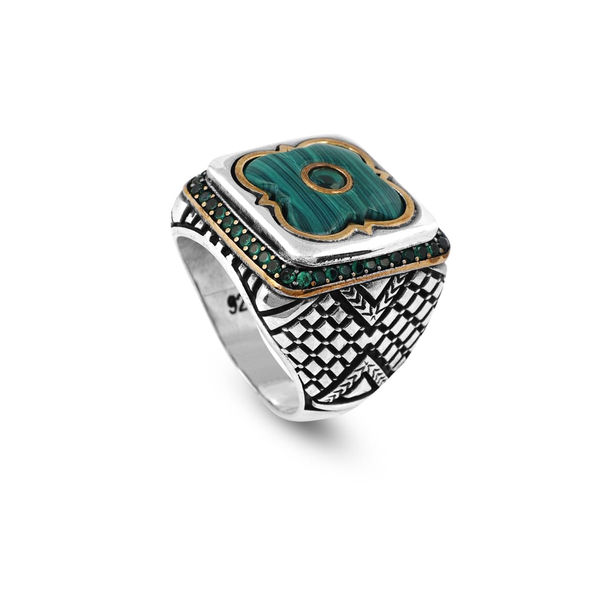 Vintage Malachite Ring with Micro Jade Stone - Handmade 925 Sterling Silver Men's Ring with Gemstone - Includes Silver Polishing Cloth Gift