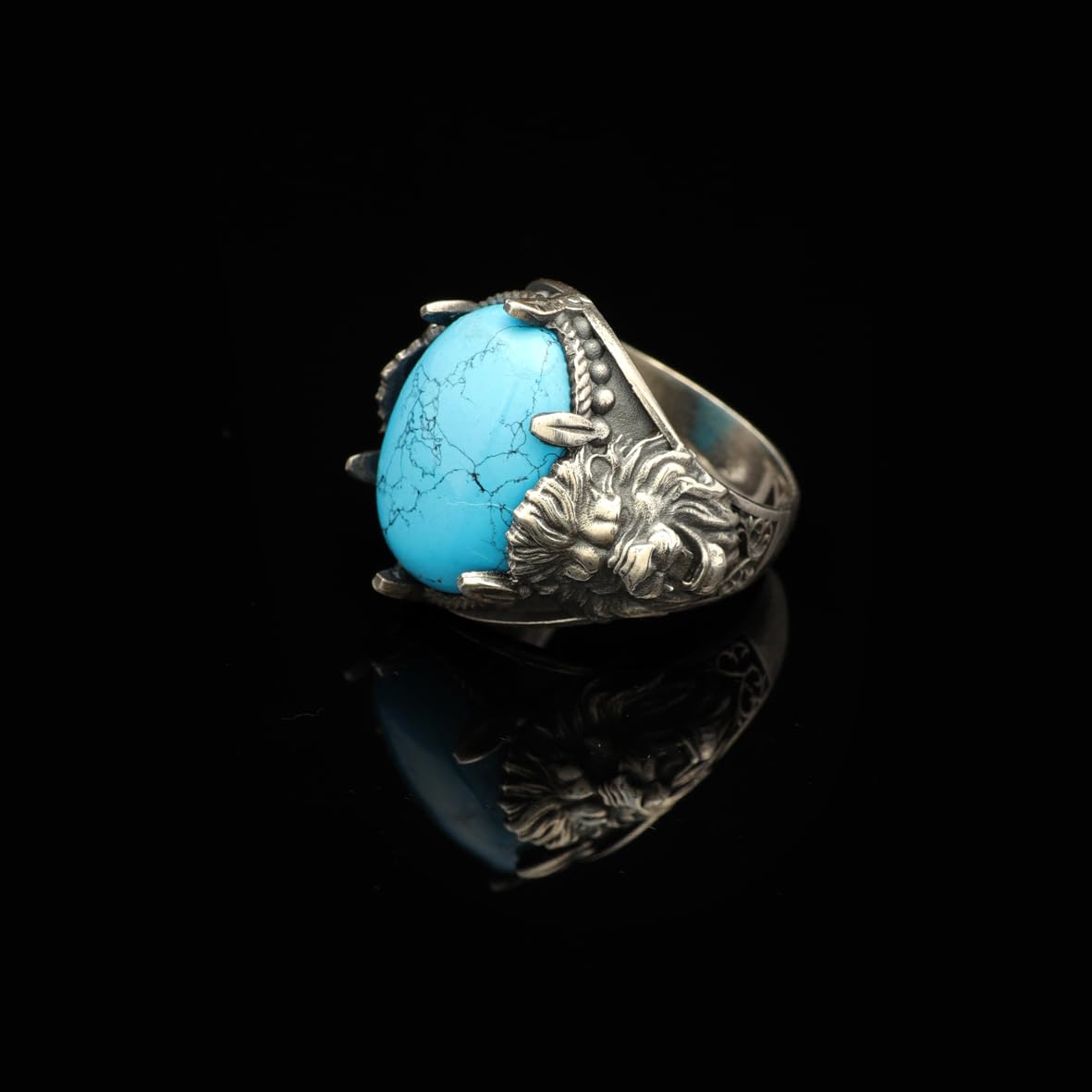 Men's Genuine Turquoise Lion Signet Ring - Vintage 925 Sterling Silver Oval Gemstone Statement Ring - Handmade Polished Engagement Ring with Custom Engraving